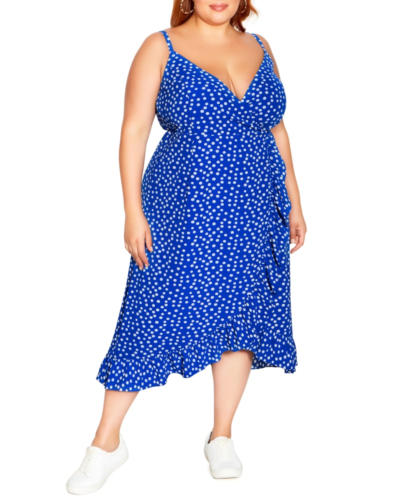 Front of a model wearing a size XS Dream Wrap Dress in Cobalt / White by City Chic. | dia_product_style_image_id:209923